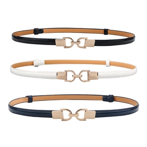Women slim PU leather belts in black white and blue with gold interlocking buckles