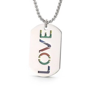 Silver dog tag necklace featuring LOVE hollow engraving and rainbow striped background
