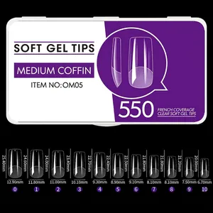 Guía de tallas para 550 puntas de uñas de gel suave estilo coffin con medidas exactas