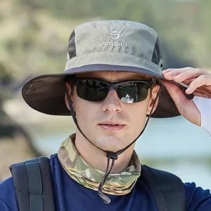Outdoor wide brim sun hat for men in dark grey and brown with adjustable wind rope