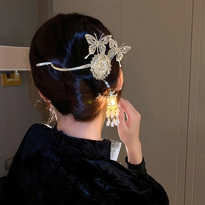 Elegant gold butterfly hair stick with glowing lantern and white pearl tassels