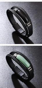 Detail of woven leather bracelets with aventurine and black onyx magnetic clasps