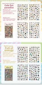 Detail specifications of waterproof PET stickers with animal and character themes