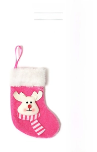 Détails de la chaussette de Noël en velours rose avec revers en peluche et figurine renne