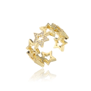 Adjustable hollow star open ring with gold plating and sparkling micro-pave crystals