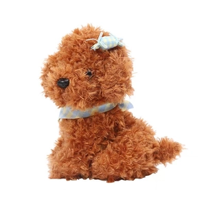 Brown plush puppy toy with blue checkered bow tie, high-quality soft teddy dog doll
