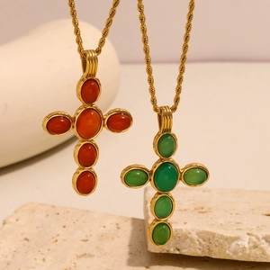 18K gold plated stainless steel cross necklaces with red and green emerald pendants