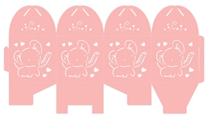 Flat layout design of pink paper candy box with hollow cartoon elephant and heart patterns