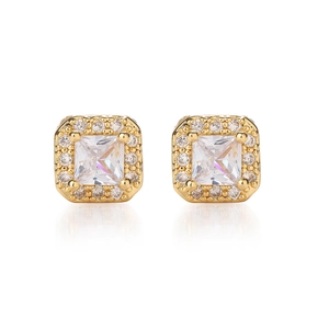 Elegant 18k gold plated square stud earrings with halo cubic zirconia stones for women