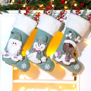 3D Cartoon Christmas Stocking Gift Bag Stereoscopic Santa Snowman Reindeer Hanging Ornament Plush Felt Mint Green