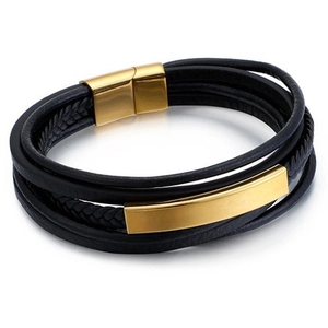 Men's multilayer braided leather bracelet with golden titanium steel magnetic clasp