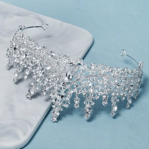 Macro view of bridal crown with silver alloy base and teardrop crystal tassels