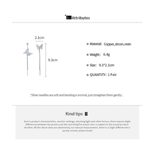 Detailed dimensions and materials for asymmetric resin butterfly tassel earrings