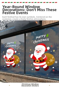 Detail view of Santa Claus static window decals with Merry Christmas text on glass