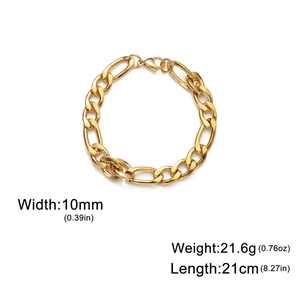 Detail of 10mm gold Figaro chain bracelet with width, weight, and length measurements