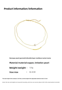 Detailed specs of double-layer geometric necklace with pearl accent and chain length details