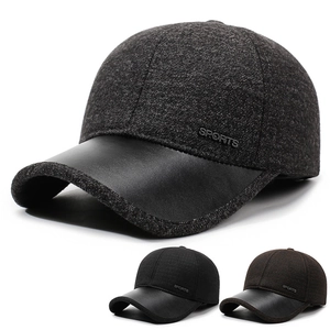 Men Winter Baseball Cap Wool Blend Thermal Windproof Ear Protection PU Leather Brim Outdoor Sports Casual Style