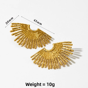 Detailed view of gold fan earrings with hammered texture measuring 26mm by 45mm