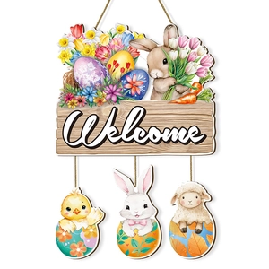 Wooden Easter Welcome sign featuring colorful cartoon rabbit, chick, and sheep egg pendants