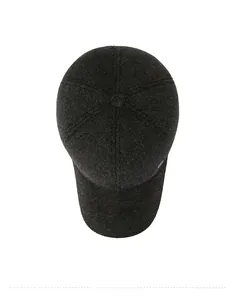 Detailed top view of grey winter baseball cap with mountain embroidery and wool texture
