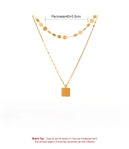 Detailed specs of double layer gold necklace featuring square pendant and steel disc chain
