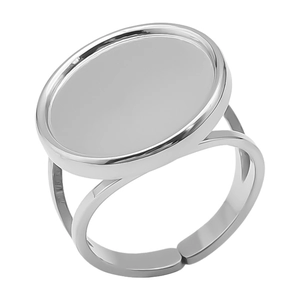 Macro view of adjustable silver 304 stainless steel ring with flat oval top surface