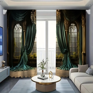 Detail view of retro castle architecture polyester curtains with gold pillars and arches
