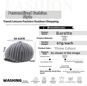 Size chart for striped cotton linen newsboy cap with dimensions and care instructions