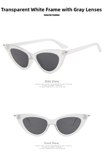 Front and side view of trendy cat-eye sunglasses with white frames and grey lenses