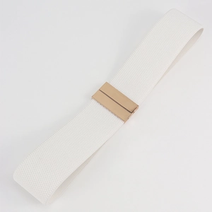 Close-up of white elastic waist belt with a sleek gold rectangular interlocking buckle