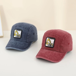 Vintage washed cotton baseball cap for kids with yellow excavator embroidery patch
