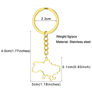 Detailed size and specs for golden Ukraine map keychain in durable stainless steel