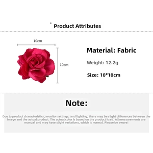 Detailed specs of pink fabric rose brooch with size ten by ten centimeters dimensions