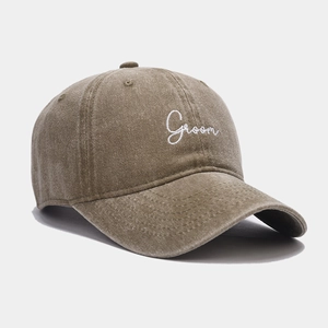 Retro washed cotton baseball cap in olive green with Groom white script embroidery