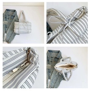 Vue détaillée du sac cabas matelassé avec motif rayé, nœud décoratif et fermeture éclair
