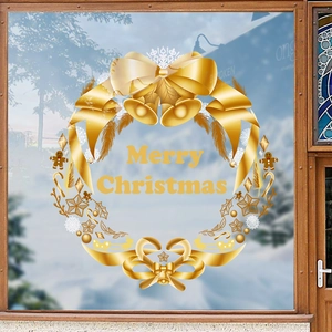 Golden Christmas wreath window sticker with Merry Christmas greeting and holiday motifs