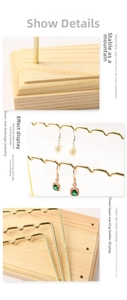 Three-layer golden metal jewelry stand with solid wood base for earrings and rings