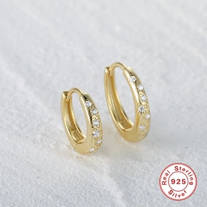 S925 sterling silver gold huggie earrings with carved flower and white zircon accents