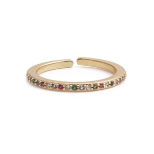 Detail view of gold open ring featuring vibrant multi-colored round zircon stones