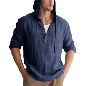 Detail of navy blue linen hooded Henley shirt showing fabric texture and four buttons