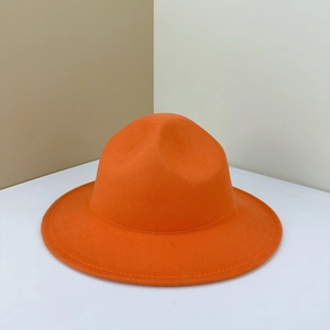 Classic bright orange wool fedora hat with flat brim and tonal stitching finish