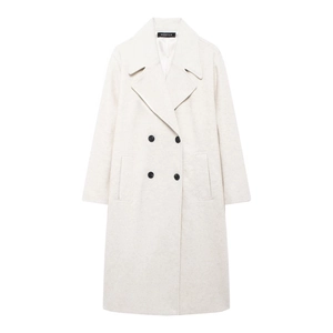 Manteau croisé femme blanc crème en laine avec col à revers et poches sur les côtés