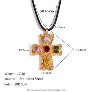18K gold-plated stainless steel cross necklace with colorful gemstones and dimensions