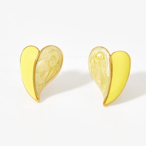 Gold-plated stainless steel heart studs with white enamel and marble texture finish