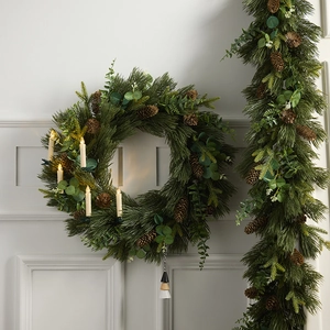 Christmas Wreath And Pine Needle Garland PE Material With LED Lights Pine Cones Eucalyptus Wall Hanging Winter Decor