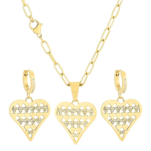 Gold hollow heart jewelry set with crystal necklace and hoop earrings for women