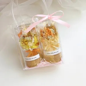 Detail of mini dried flower bouquet in PVC gift bag with especially for you tag