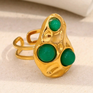 Hammered Texture Open Ring 18K Gold Plated Stainless Steel With Green Beads Vintage Elegant Adjustable For Women