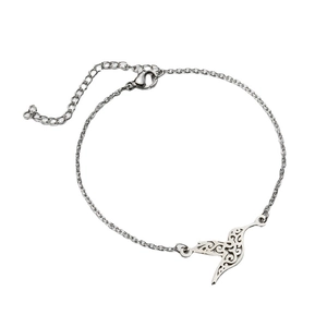 Minimalist silver stainless steel bracelet featuring a hollow hummingbird charm on white background