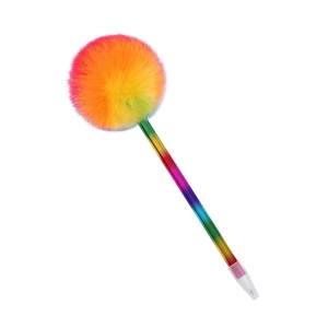 Rainbow fluffy pom pom ballpoint pen with colorful striped barrel for school and office